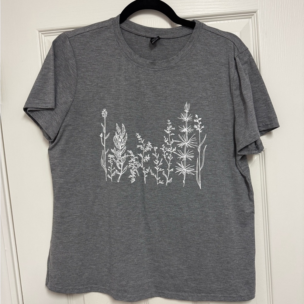Gray T-Shirt with White Floral Design